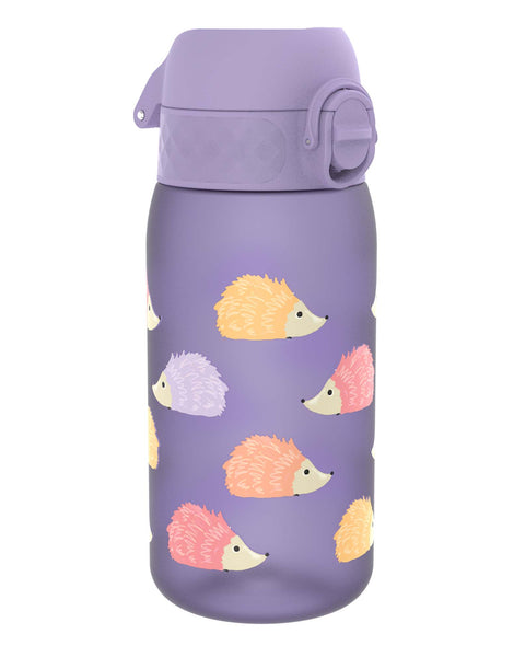 A purple water bottle, decorated with colorful hedgehogs, sits on a white background.