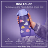 A purple water bottle, decorated with hedgehogs, is being held; its flip top opens with a single click. The bottle is shown against a purple background. The text reads: 