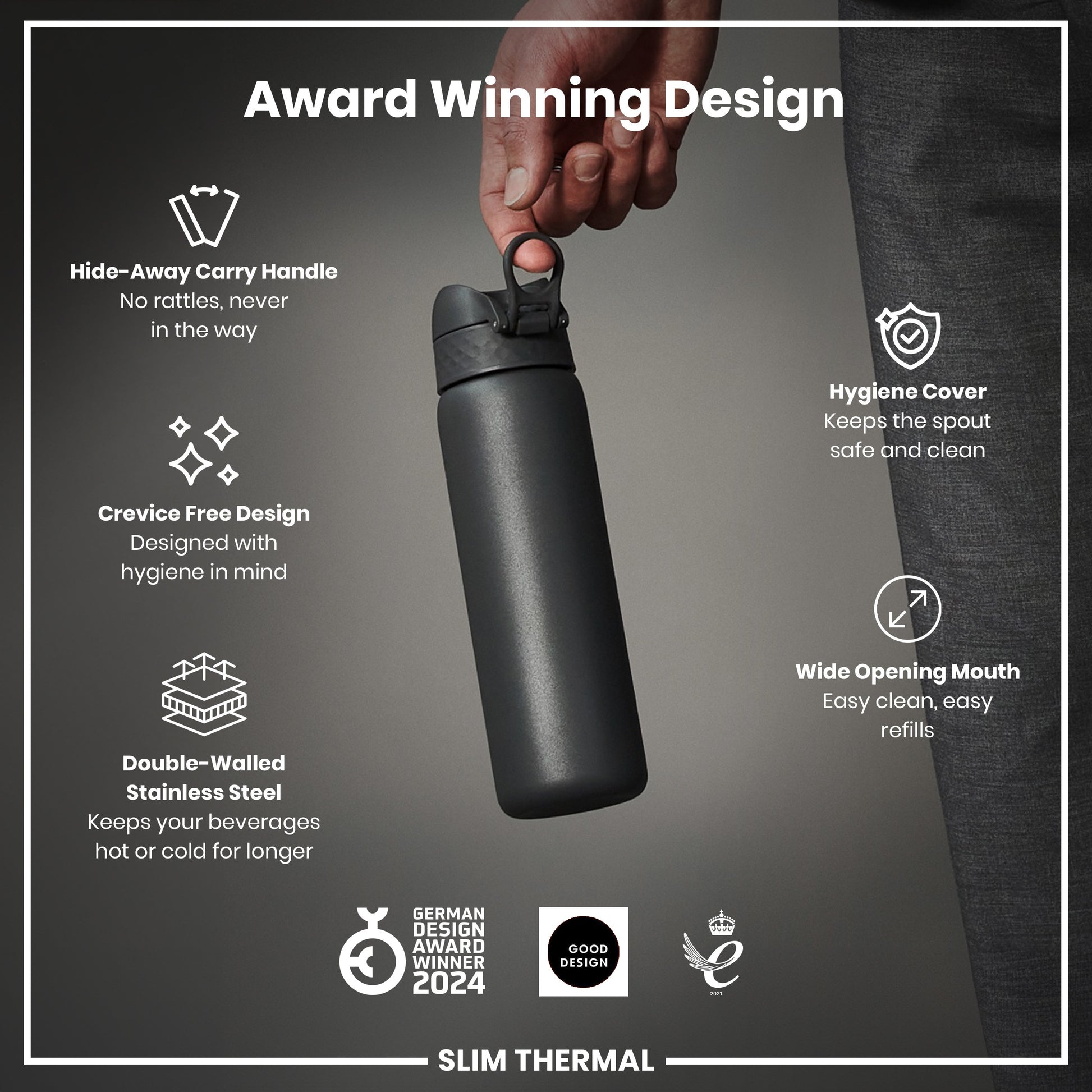 A hand holds a dark gray, cylindrical thermos. Features include a hideaway handle, crevice-free design, and wide mouth. The thermos is described as award-winning and double-walled stainless steel.