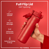 A red water bottle with a flip lid is held; the lid folds back 240°. The bottle is shown against a red background. The text reads: 