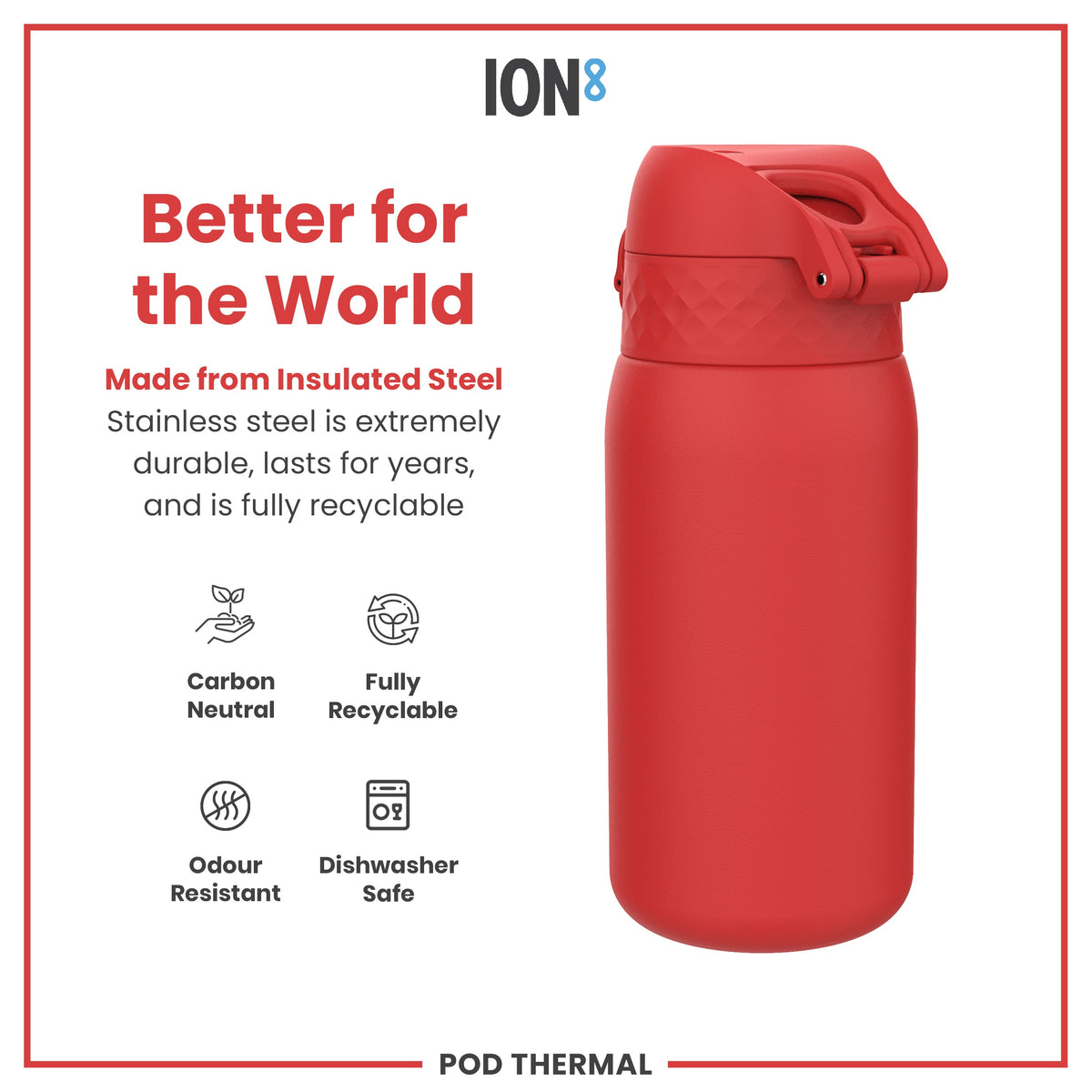 A red, insulated stainless steel water bottle sits on a white background; it is carbon neutral, fully recyclable, odour resistant, and dishwasher safe.