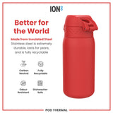 A red, insulated stainless steel water bottle sits on a white background; it is carbon neutral, fully recyclable, odour resistant, and dishwasher safe.