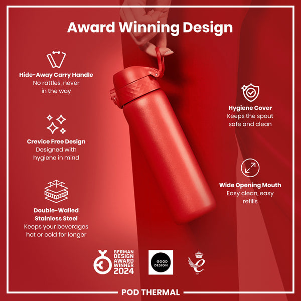 A red, double-walled stainless steel water bottle is held by a hand against a red background. Its features include a hide-away handle, crevice-free design, hygiene cover, and wide opening mouth. The bottle is a 2024 German Design Award winner.