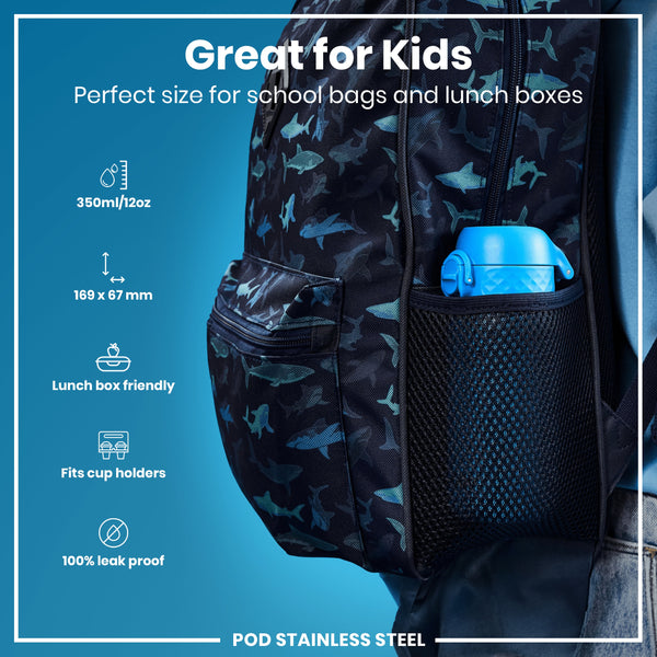 A shark-patterned backpack holds a blue water bottle; it's shown against a blue background with specifications: 350ml/12oz, 169 x 67 mm, lunchbox and cup holder friendly, and 100% leak proof. POD STAINLESS STEEL.