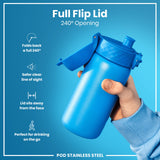 A blue stainless steel water bottle with a flip lid is held; the lid is open to 240 degrees. The bottle is being shown against a light blue background. 