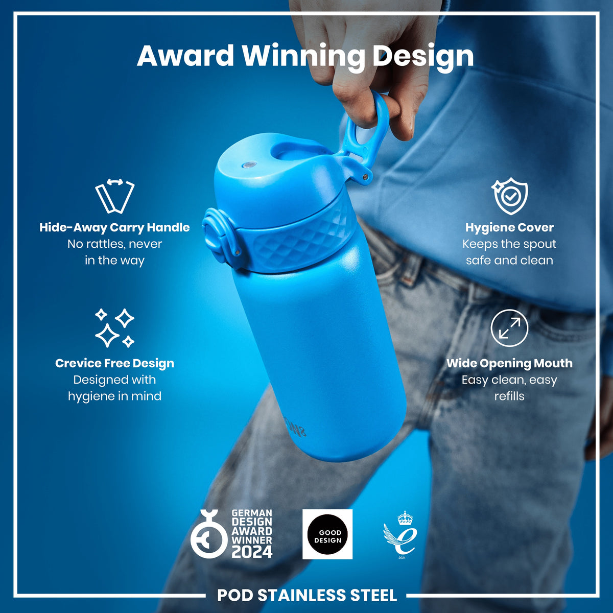 A blue water bottle is being held. Its features are highlighted: a hide-away handle, hygiene cover, crevice-free design, and wide mouth. It's an award-winning design.