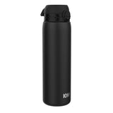A black ION8 water bottle stands upright against a white background. The bottle has a textured black lid with a flip-top mechanism.