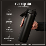 A black, stainless steel water bottle is held; its full flip lid is open at a 240° angle. The background is dark gray. 