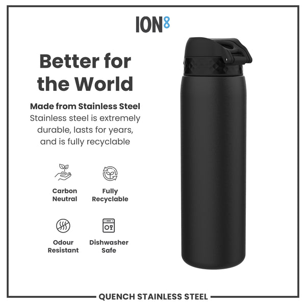 A black, stainless steel water bottle sits on a white background. It is made from recyclable, durable material and is dishwasher safe. The bottle is advertised as "Better for the World."