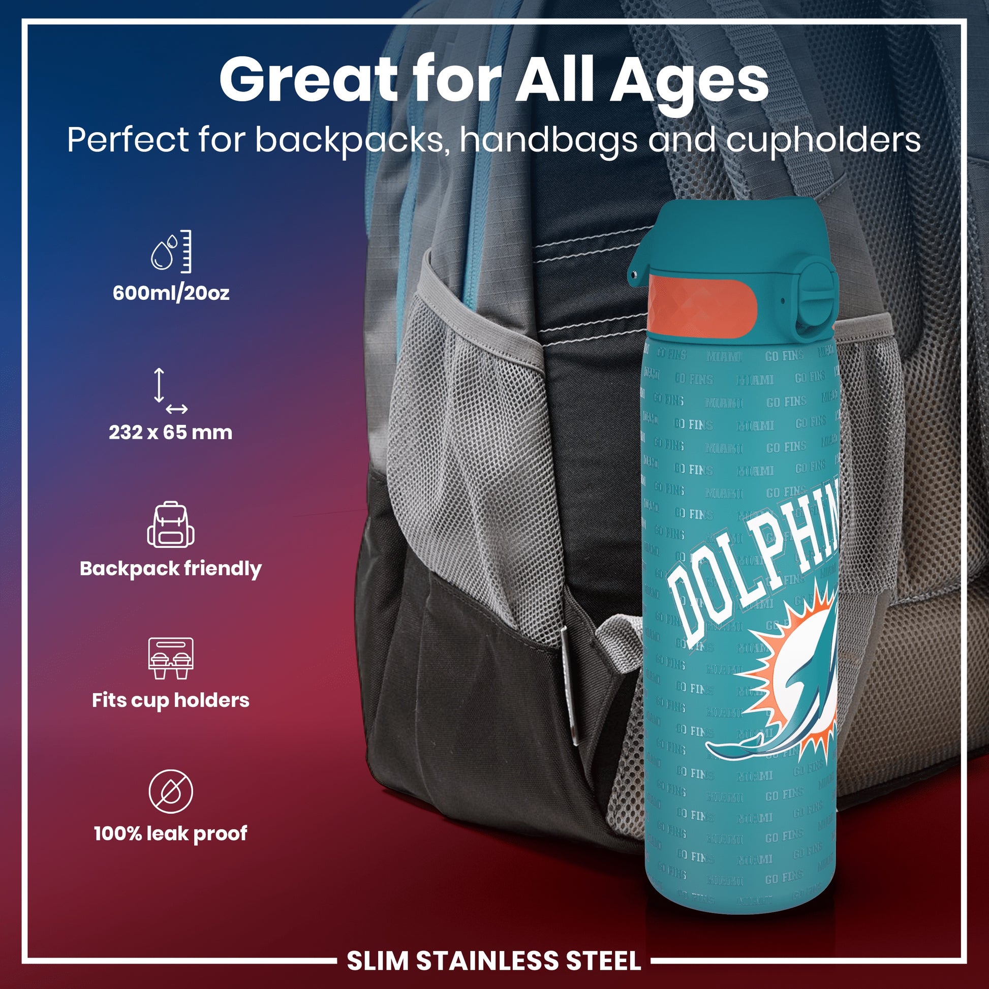 A teal water bottle, featuring a dolphin graphic and "GO FINS MIAMI" text, rests in a backpack's side pocket. It's 600ml/20oz, 232 x 65 mm, backpack and cupholder friendly, and 100% leak-proof.