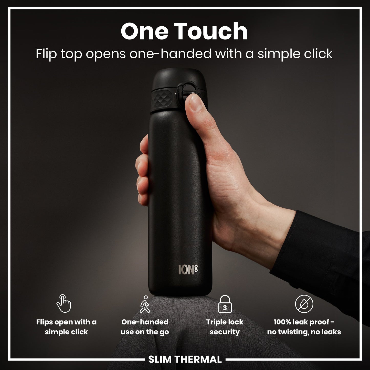 Leak Proof Slim Thermal Steel Water Bottle, Insulated, Black, 500ml (17oz)