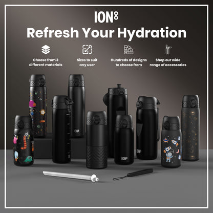 Several black water bottles, various sizes and designs, are displayed on a gray surface; accessories are also shown. "ION8 Refresh Your Hydration" is written above.