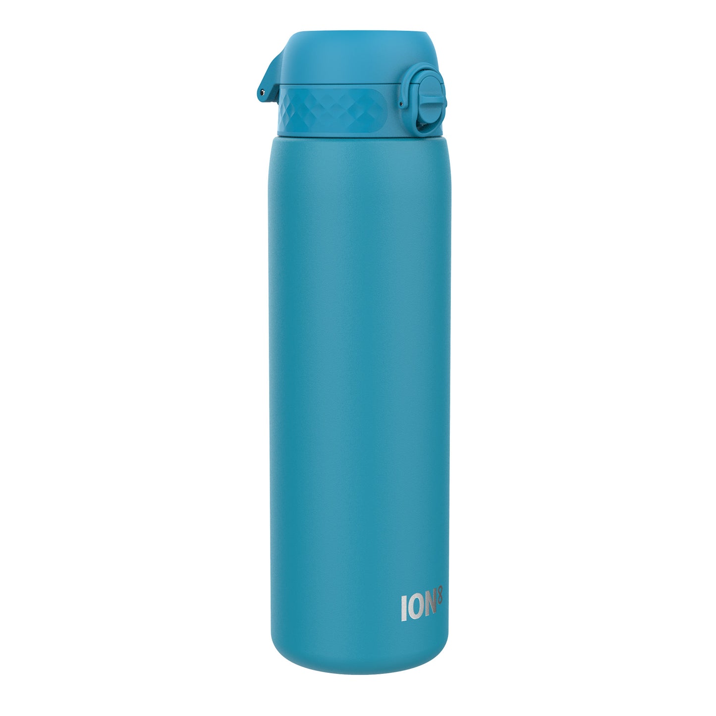 A teal water bottle stands upright against a white background. The bottle has a screw-on lid with a flip-top spout and the word "ION8" is printed near the base.