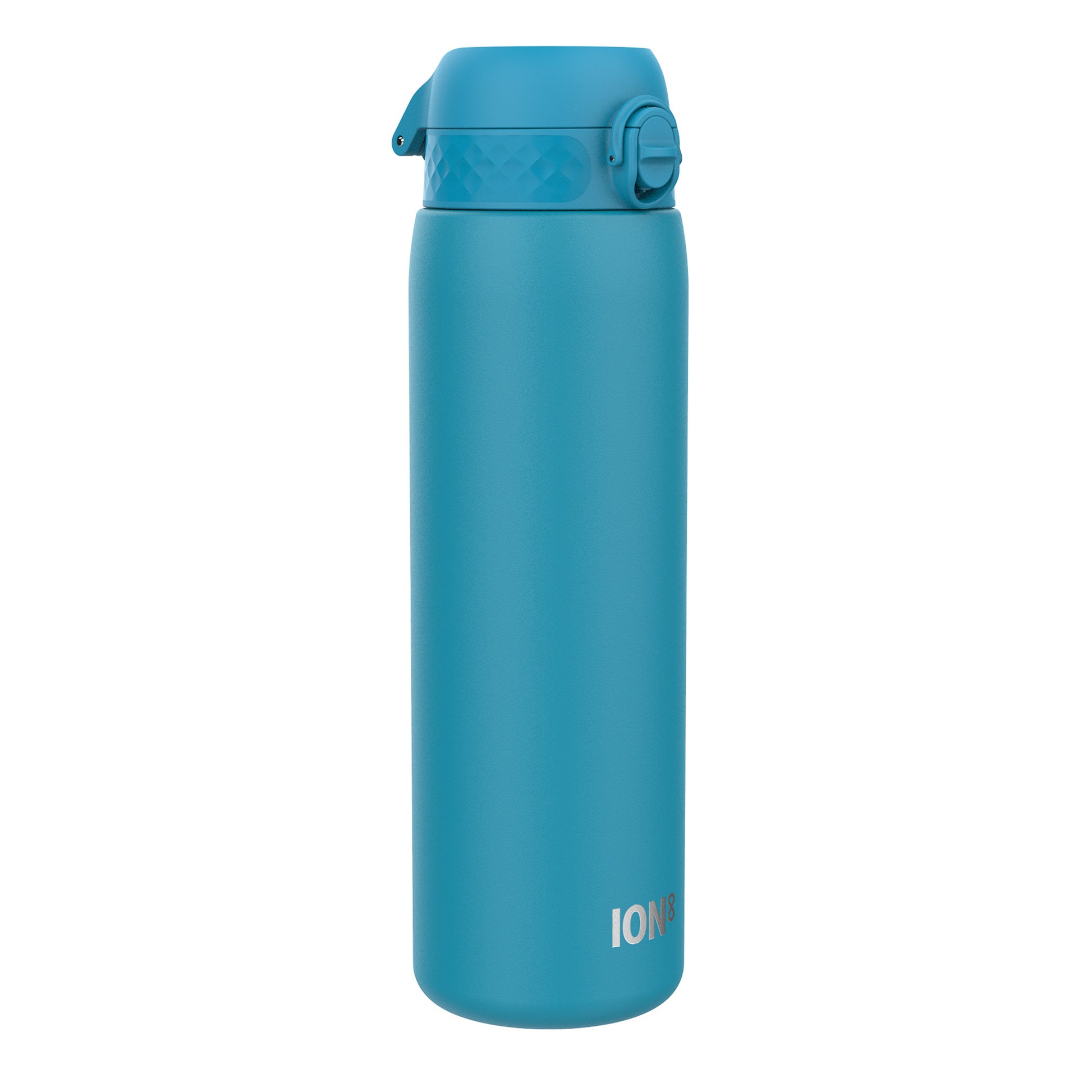 A teal water bottle stands upright against a white background. The bottle has a screw-on lid with a flip-top spout and the word "ION8" is printed near the base.