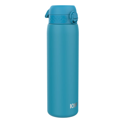 A teal water bottle stands upright against a white background. The bottle has a screw-on lid with a flip-top spout and the word "ION8" is printed near the base.
