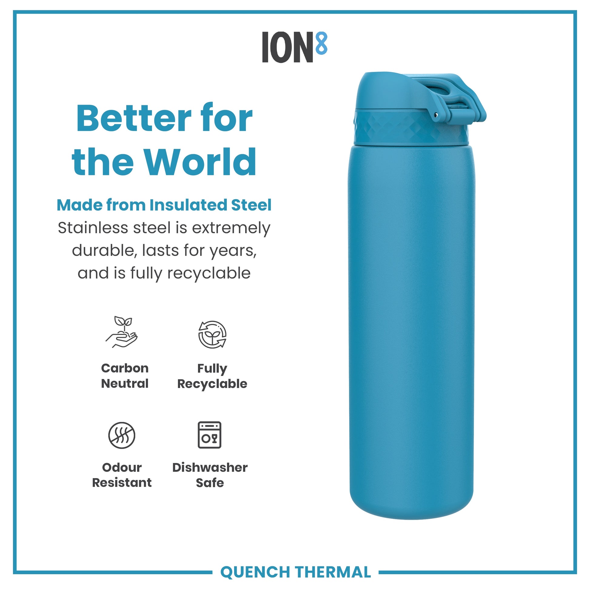 A teal insulated steel water bottle stands against a white background. It is made from fully recyclable, odour-resistant, and dishwasher-safe stainless steel; the bottle is carbon neutral. The text also states that it is "Better for the World".