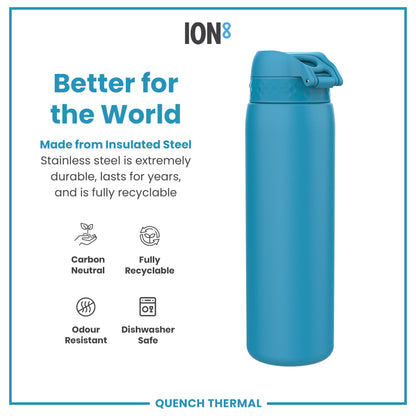 A teal insulated steel water bottle stands against a white background. It is made from fully recyclable, odour-resistant, and dishwasher-safe stainless steel; the bottle is carbon neutral. The text also states that it is "Better for the World".