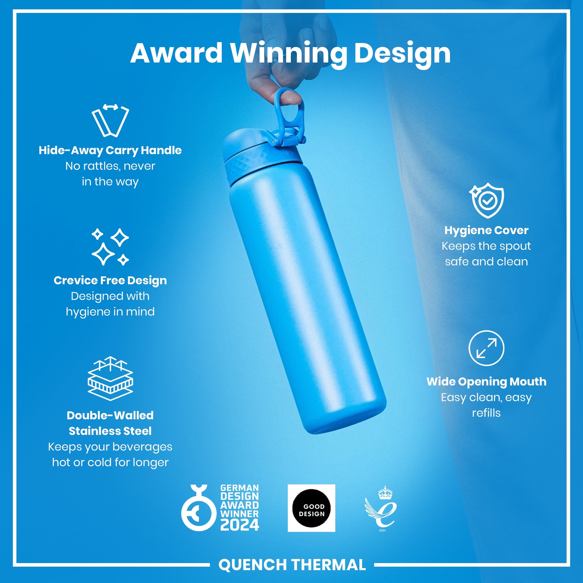 A light-blue, double-walled stainless steel water bottle is being held; its features, including a hide-away handle and hygiene cover, are highlighted against a blue background. The bottle is an award-winning design.