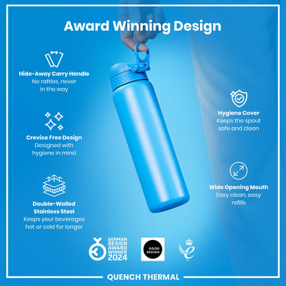 A light-blue, double-walled stainless steel water bottle is being held; its features, including a hide-away handle and hygiene cover, are highlighted against a blue background. The bottle is an award-winning design.