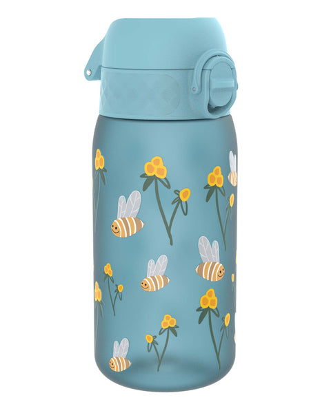 A teal water bottle, featuring a pattern of bees and flowers, sits against a white background. The bottle has a light teal screw-on cap with a carrying loop.