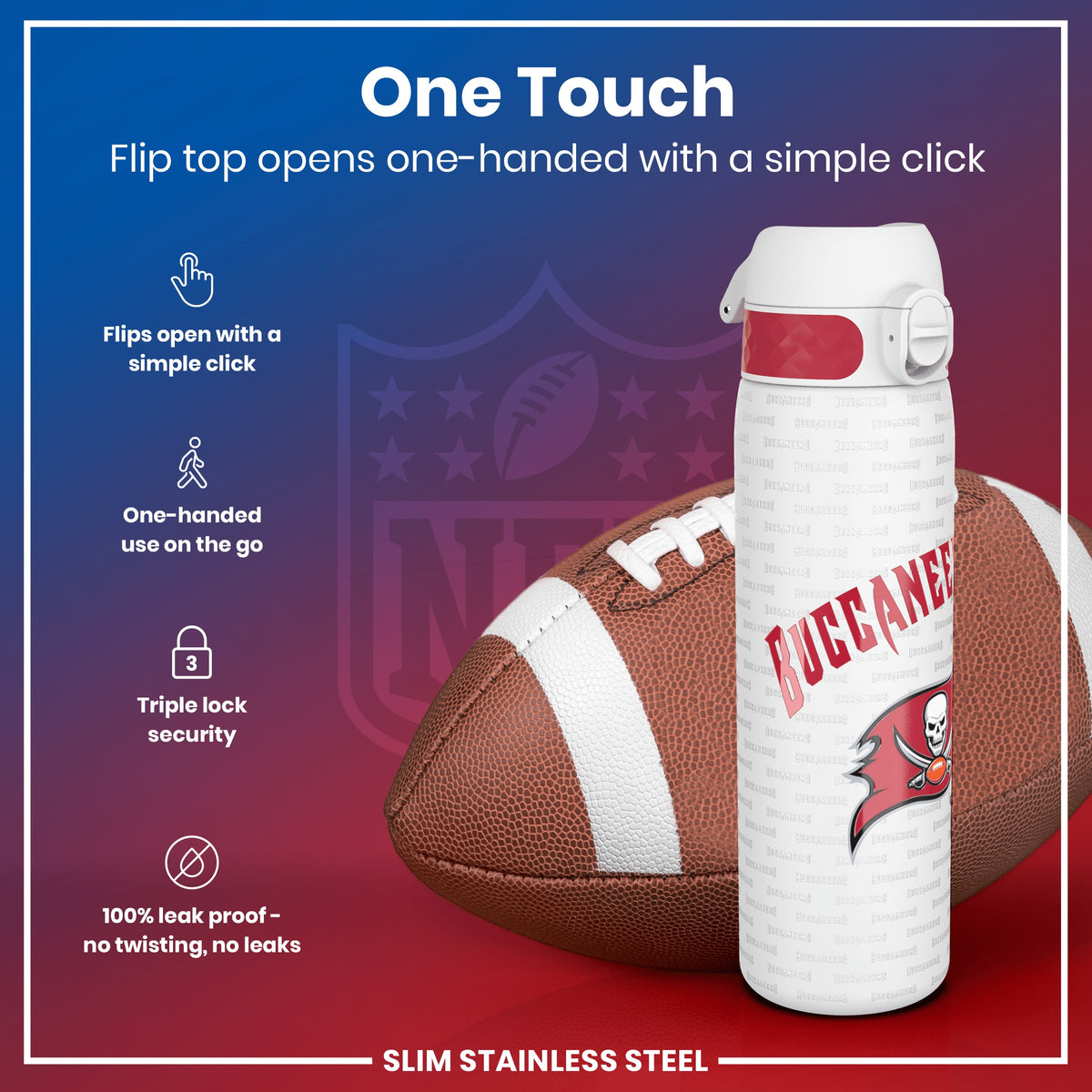 Leak Proof NFL Water Bottle, Stainless Steel, Tampa Bay Buccaneers, 600ml (20oz)