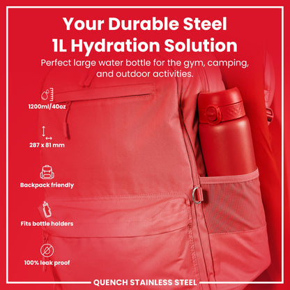A red, 1L steel water bottle sits in a red backpack's side pocket. It's 287 x 81 mm, backpack friendly, fits bottle holders, and is 100% leak proof. The bottle is marketed as a hydration solution for the gym, camping, and outdoor activities.