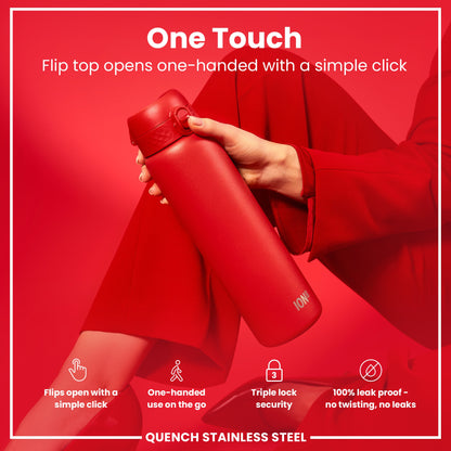 A red ION8 water bottle is held; its flip top opens one-handed. The bottle is displayed against a solid red background. "One Touch. Flip top opens one-handed with a simple click. Flips open with a simple click. One-handed use on the go. Triple lock security. 100% leak proof - no twisting, no leaks. QUENCH STAINLESS STEEL"