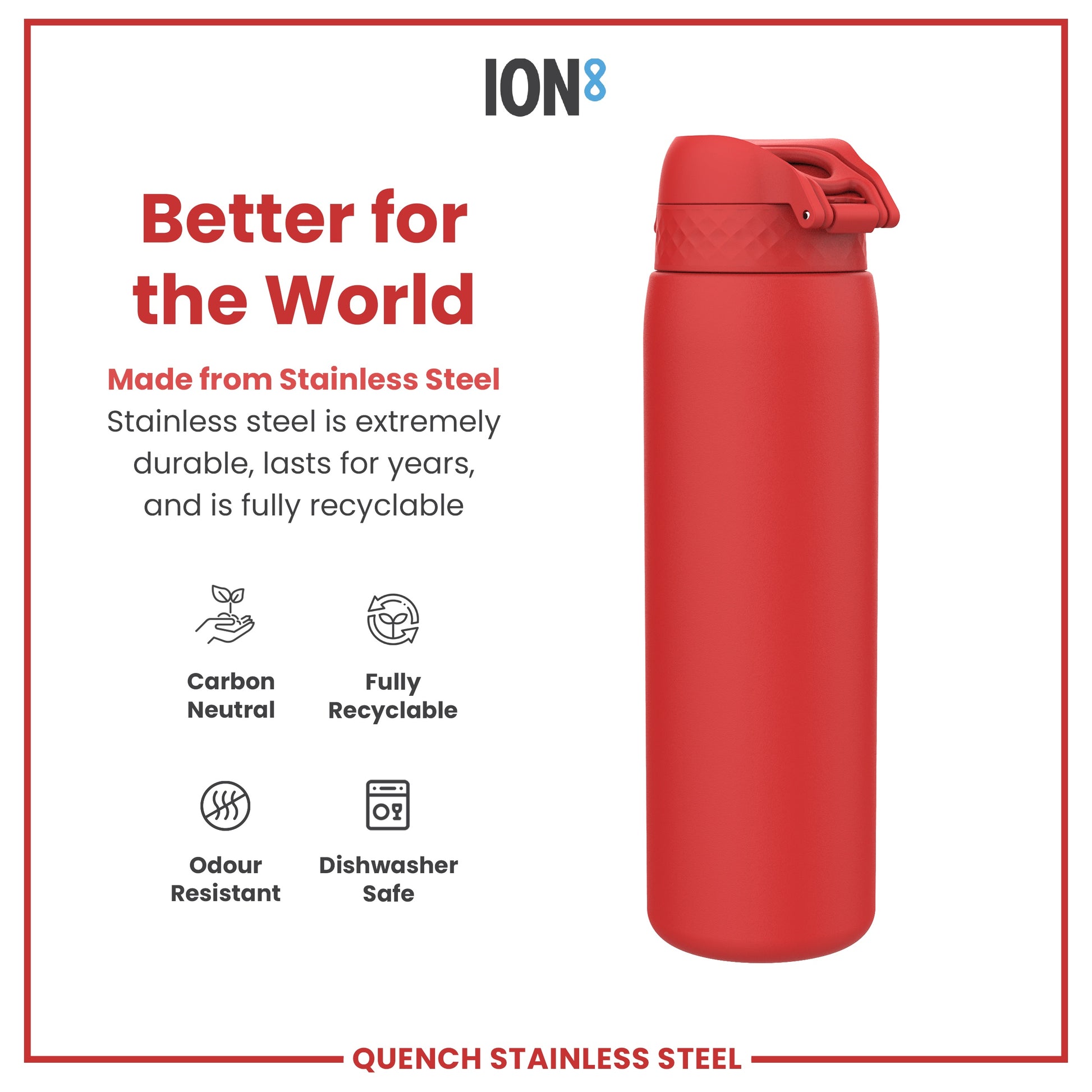 A red stainless steel water bottle sits against a white background; it is presented as durable, recyclable, dishwasher-safe, and odor-resistant. "Better for the World," "ION8," and "QUENCH STAINLESS STEEL" are also displayed.