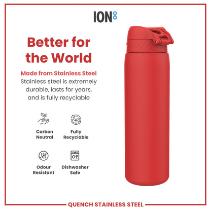 A red stainless steel water bottle sits against a white background; it is presented as durable, recyclable, dishwasher-safe, and odor-resistant. "Better for the World," "ION8," and "QUENCH STAINLESS STEEL" are also displayed.