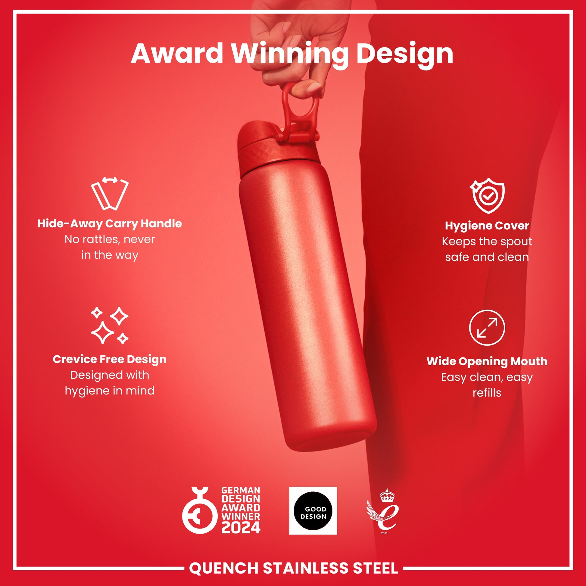 A red stainless steel water bottle is being held against a red background. Features include a hide-away handle, hygiene cover, and crevice-free design. The bottle is a 2024 German Design Award winner.