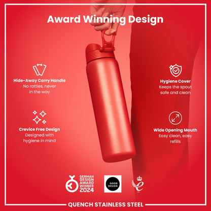 A red stainless steel water bottle is being held against a red background. Features include a hide-away handle, hygiene cover, and crevice-free design. The bottle is a 2024 German Design Award winner.