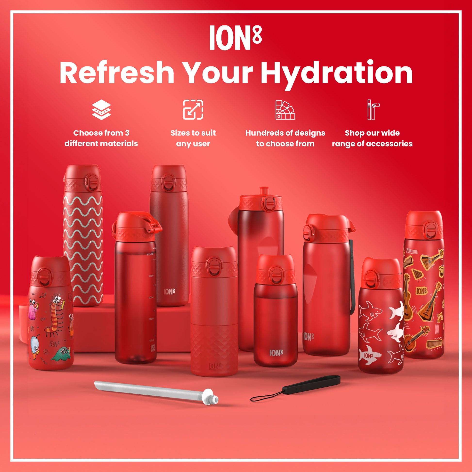 Several red ION8 water bottles of varying sizes and designs are displayed on a red surface; a straw is also present. The text reads "Refresh Your Hydration," along with details about materials, sizes, designs, and accessories.