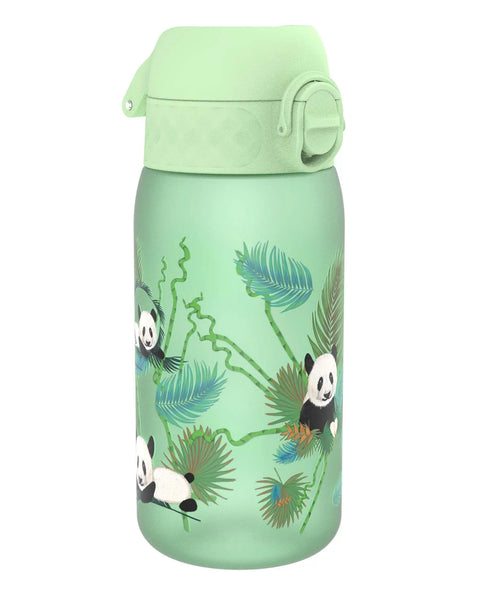 A green water bottle features panda illustrations climbing among tropical leaves surrounded by a light-green background with a flip-top lid design.