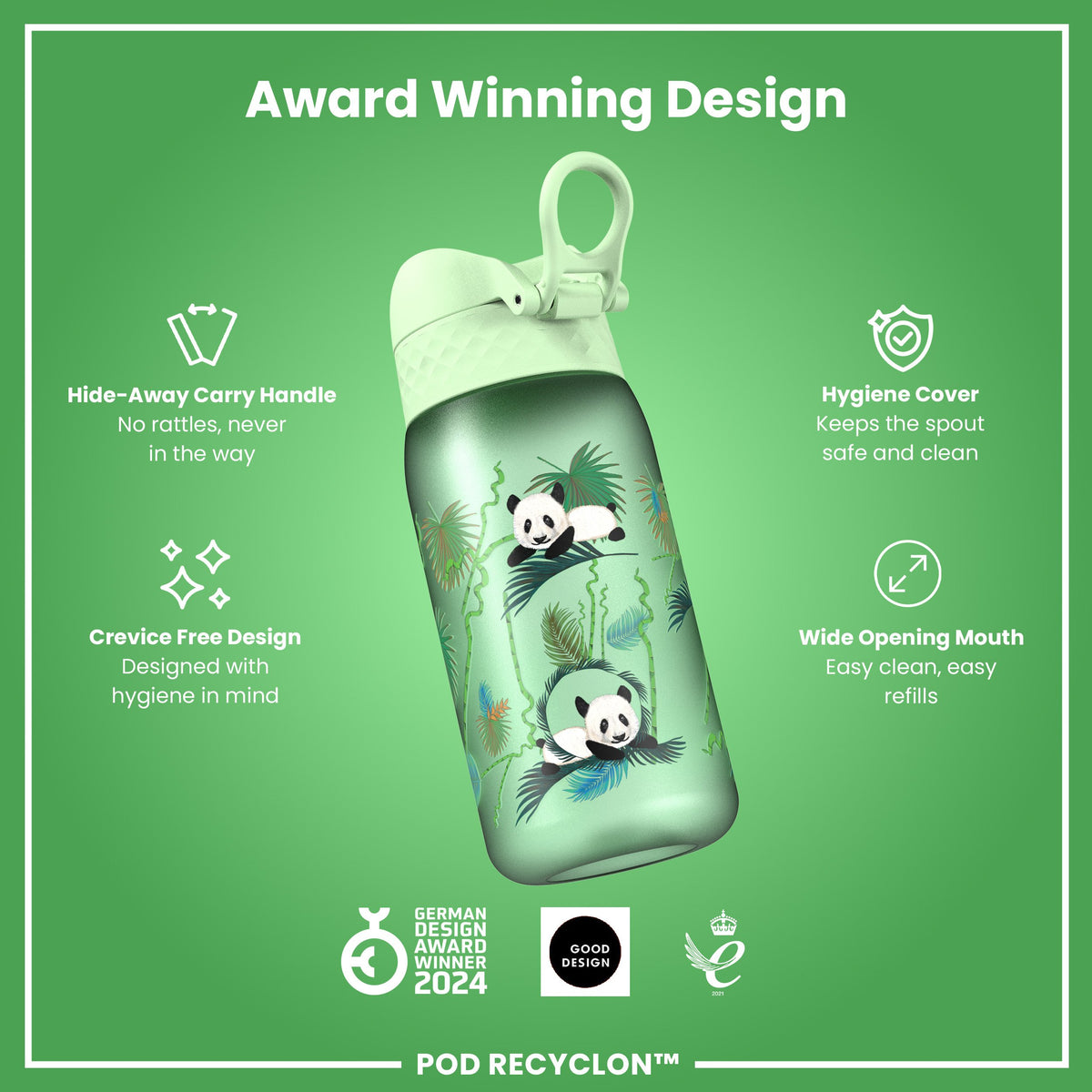 Leak Proof Kids' Water Bottle, Recyclon, Pandas, 350ml (12oz)