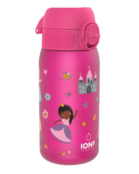 A pink water bottle, featuring princess and castle illustrations, sits against a white background. The bottle is leakproof, as indicated by the text "ION8 LEAKPROOF".