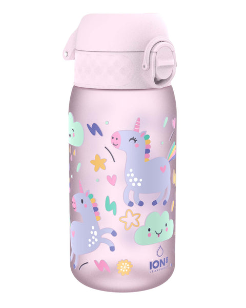 A pink water bottle, decorated with unicorns and clouds, sits on a white background. The bottle is leakproof, as indicated by the "ION8 LEAKPROOF" text on its base.