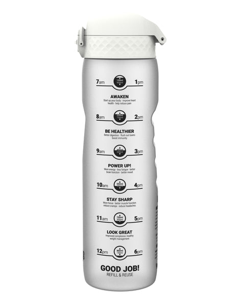 A water bottle displays a daily hydration schedule with corresponding health benefits, against a white background.