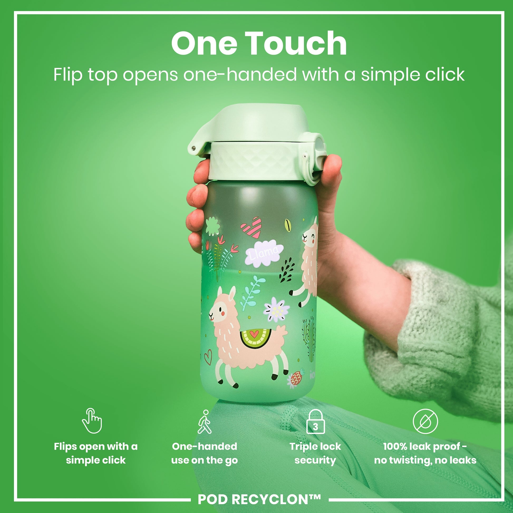 A mint-green water bottle, adorned with llamas, is held; its flip top opens one-handed via a simple click. The bottle features a triple lock security and is 100% leak-proof.