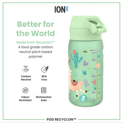 A light-green water bottle, featuring a llama design and measurement markings, sits against a white background showcasing its eco-friendly attributes. Better for the World. Made from Recyclon™. A food grade carbon neutral plant based polymer. Carbon Neutral. BPA Free. Odour Resistant. Dishwasher Safe. POD RECYCLON™.