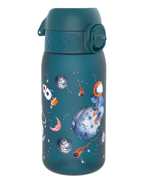 A teal water bottle, featuring a space theme with an astronaut and planets, sits on a white background.