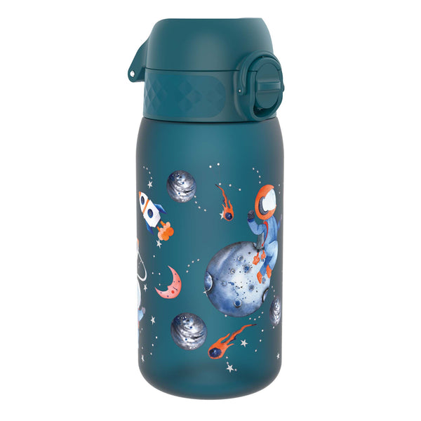 A teal water bottle, featuring a space theme with an astronaut and planets, sits on a white background.