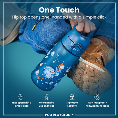 A child holds a blue water bottle featuring an astronaut design. The bottle's flip top opens with a single click. It is shown against a teal background. One Touch. Flip top opens one-handed with a simple click. Flips open with a simple click. One-handed use on the go. Triple lock security. 100% leak proof - no twisting, no leaks. POD RECYCLON™.