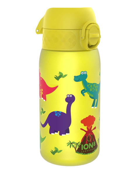 A yellow water bottle, featuring cartoon dinosaurs and a volcano, sits on a white background. The bottle is leakproof, as indicated by the text "ION8 LEAKPROOF".