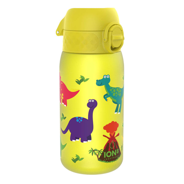 A yellow water bottle, featuring cartoon dinosaurs and a volcano, sits on a white background. The bottle is leakproof, as indicated by the text "ION8 LEAKPROOF".