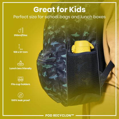 A shark-patterned backpack, containing a yellow water bottle, is shown against a yellow background. Great for Kids. Perfect size for school bags and lunch boxes. 350ml/12oz. 169 x 67 mm. Lunch box friendly. Fits cup holders. 100% leak proof. POD RECYCLON™.