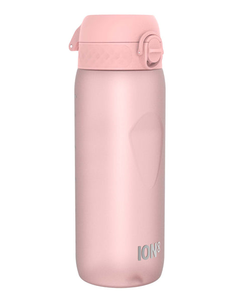 A pink water bottle stands upright against a white background. ION8 is printed on the bottle.