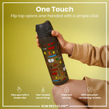 A water bottle, with a flip top, is being held; it has a one-handed opening mechanism and features a game-themed design.