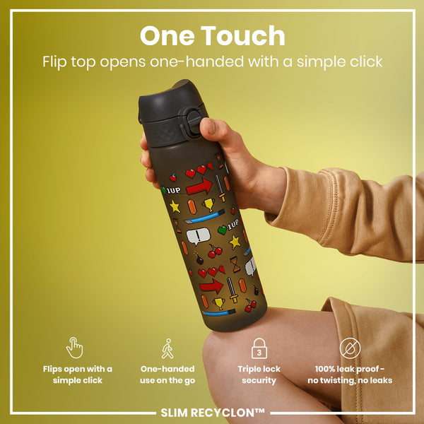 A water bottle, with a flip top, is being held; it has a one-handed opening mechanism and features a game-themed design.