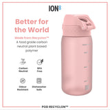 A pink water bottle sits against a white background. It is made from Recyclon™, a food-grade carbon-neutral plant-based polymer. The bottle is BPA free, odour resistant, and dishwasher safe.