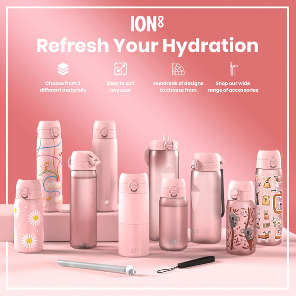 Several pink ION8 water bottles, in various sizes and designs, are displayed on a pink surface; accessories are also shown. Refresh Your Hydration. Choose from 3 different materials. Sizes to suit any user. Hundreds of designs to choose from. Shop our wide range of accessories.